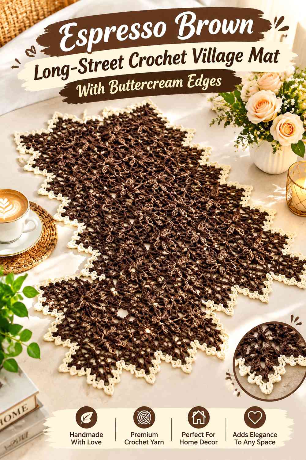 Espresso Brown Long-Street Crochet Village Mat With Buttercream Edges