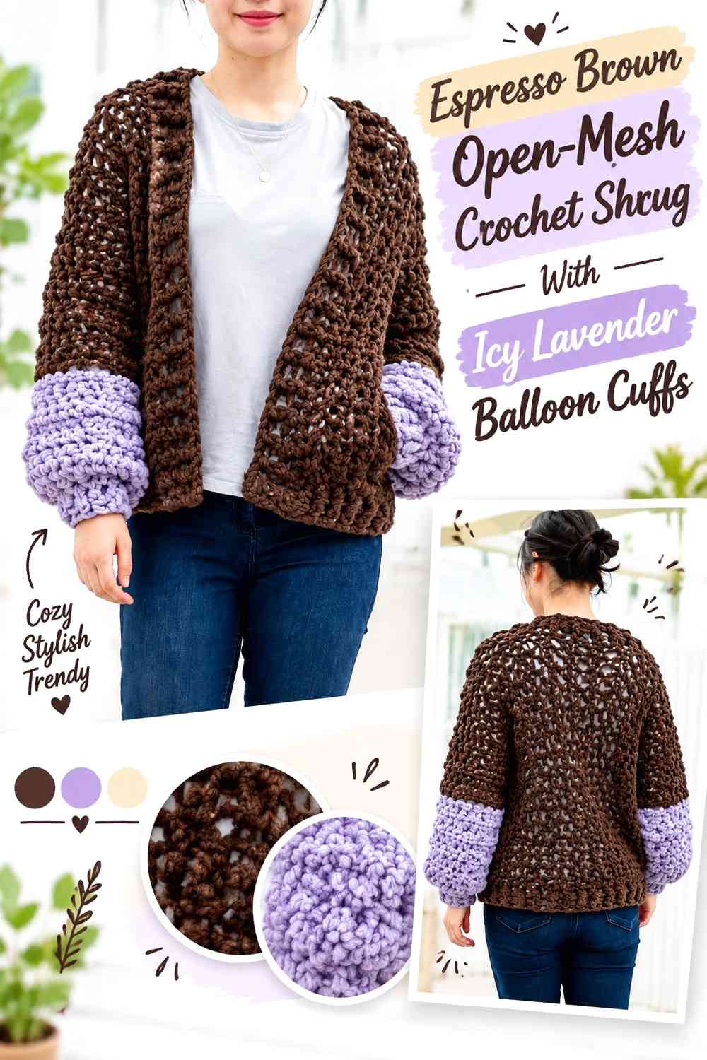 Espresso Brown Open-Mesh Crochet Shrug With Icy Lavender Balloon Cuffs