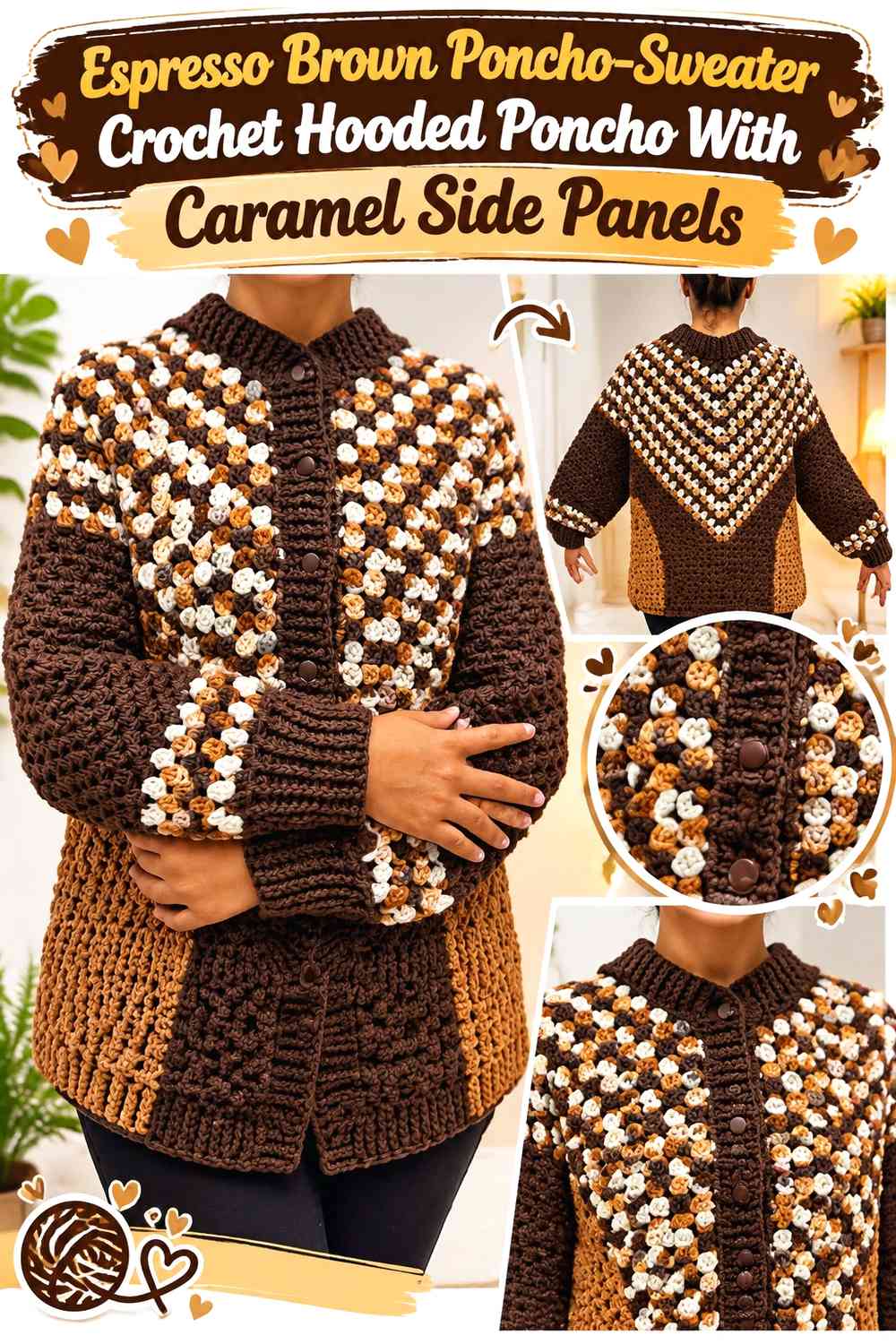 Espresso Brown Poncho-Sweater Crochet Hooded Poncho With Caramel Side Panels