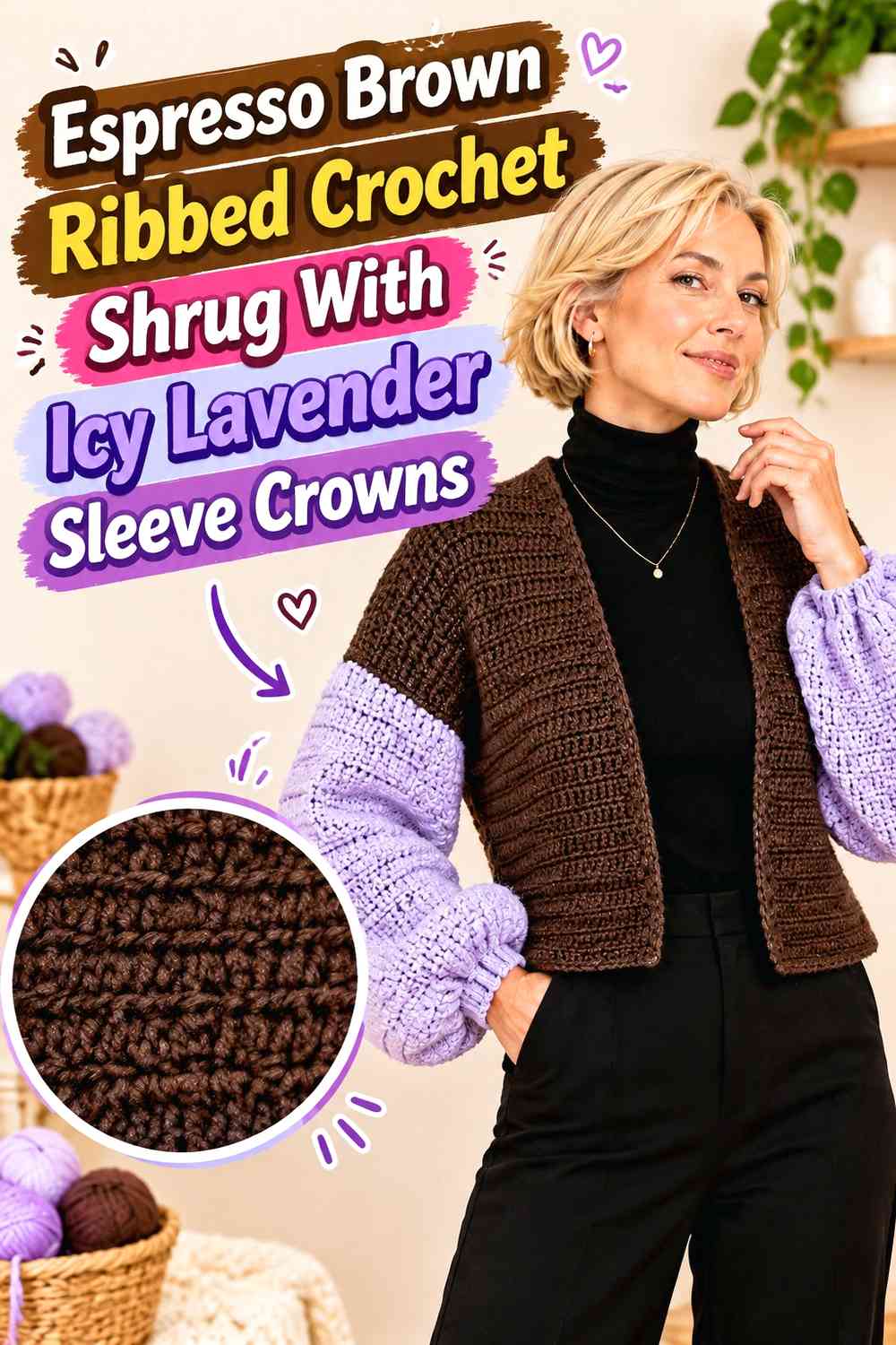 Espresso Brown Ribbed Crochet Shrug With Icy Lavender Sleeve Crowns