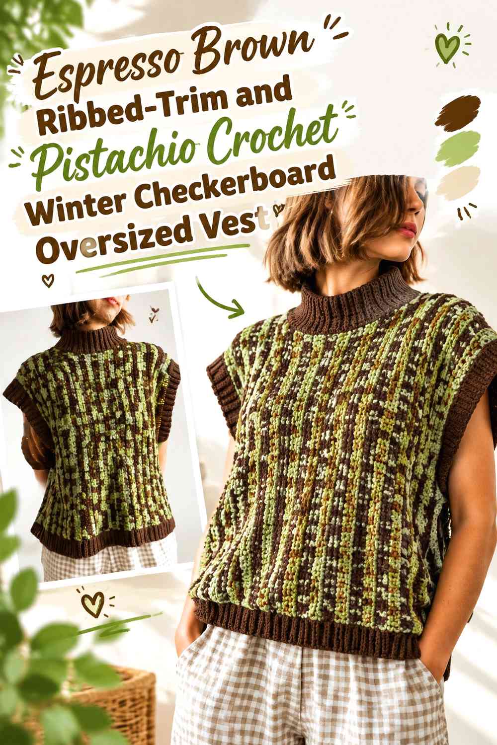 Espresso Brown Ribbed-Trim and Pistachio Crochet Winter Checkerboard Oversized Vest