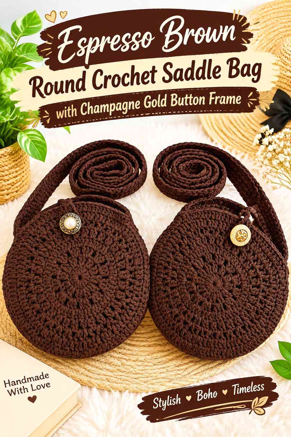 Espresso Brown Round Crochet Saddle Bag with Champagne Gold Button Frame
