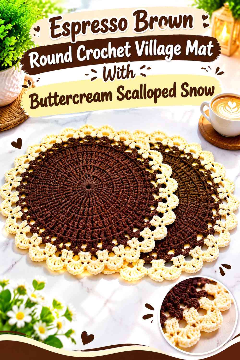 Espresso Brown Round Crochet Village Mat With Buttercream Scalloped Snow