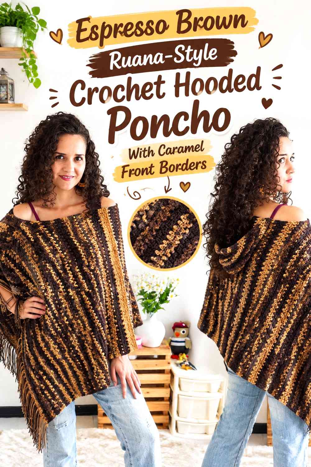 Espresso Brown Ruana-Style Crochet Hooded Poncho With Caramel Front Borders