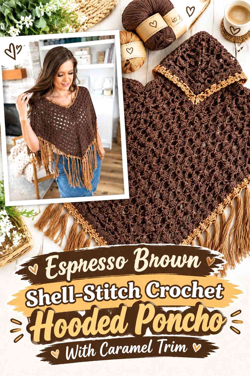 Espresso Brown Shell-Stitch Crochet Hooded Poncho With Caramel Trim