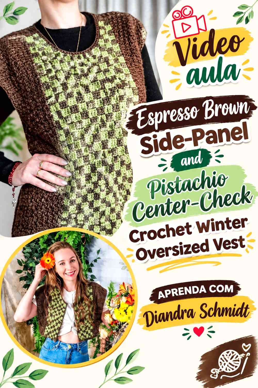 Espresso Brown Side-Panel and Pistachio Center-Check Crochet Winter Oversized Vest