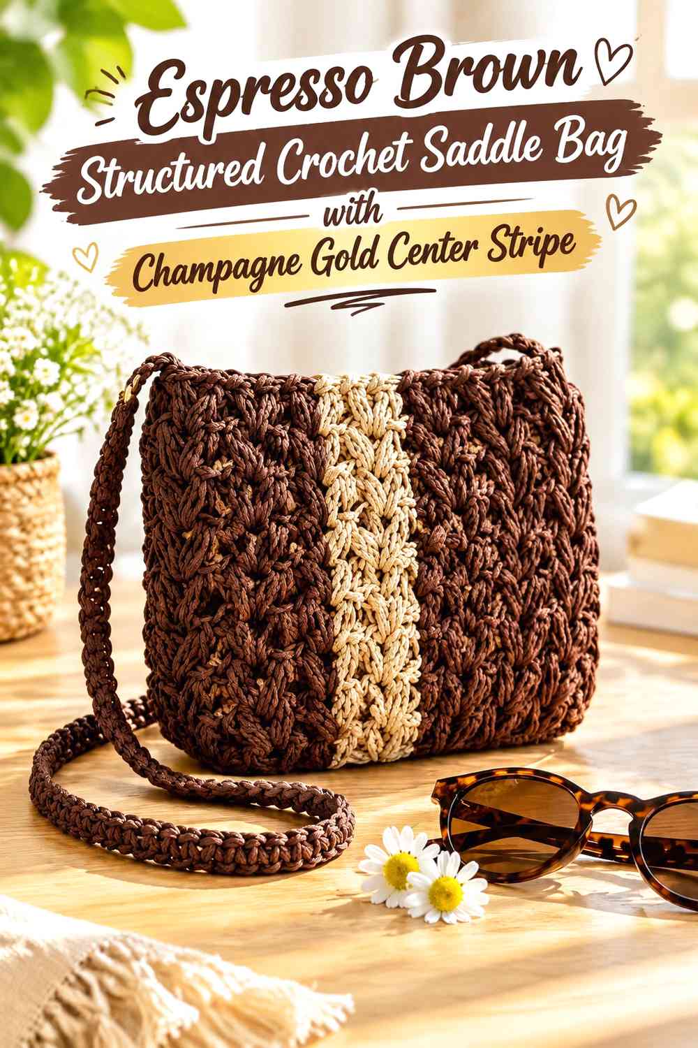 Espresso Brown Structured Crochet Saddle Bag with Champagne Gold Center Stripe