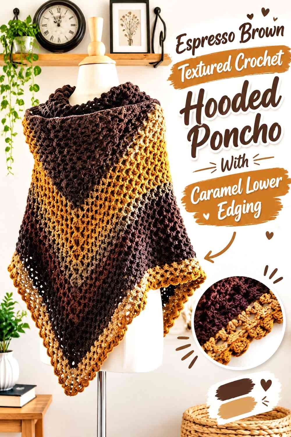 Espresso Brown Textured Crochet Hooded Poncho With Caramel Lower Edging