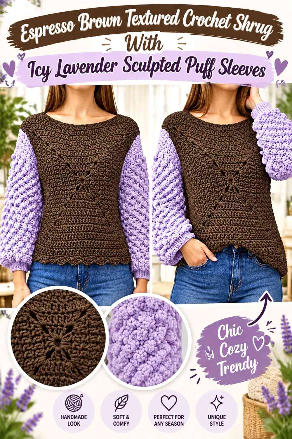 Espresso Brown Textured Crochet Shrug With Icy Lavender Sculpted Puff Sleeves