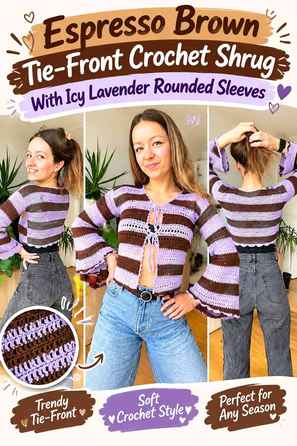 Espresso Brown Tie-Front Crochet Shrug With Icy Lavender Rounded Sleeves