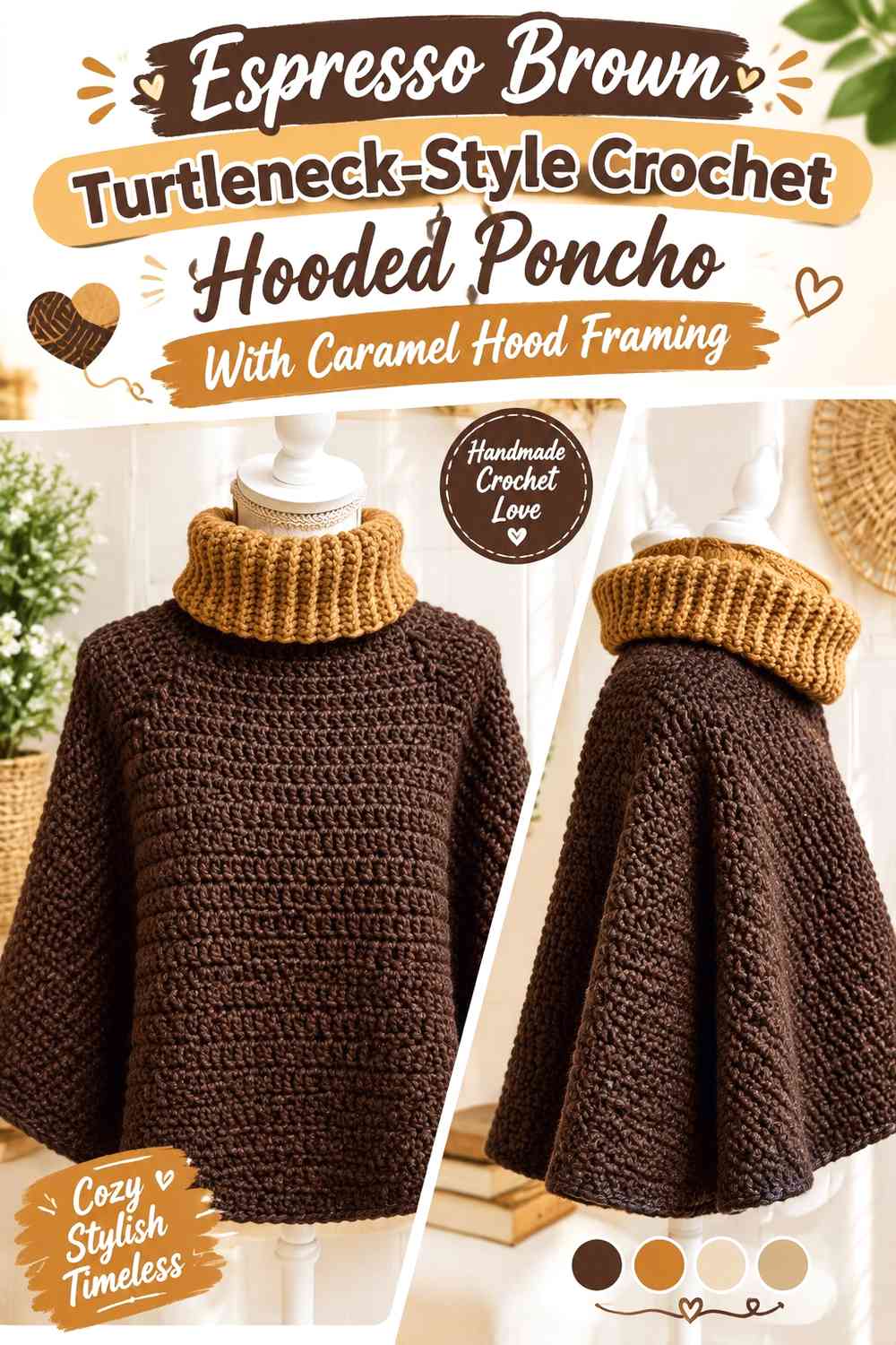 Espresso Brown Turtleneck-Style Crochet Hooded Poncho With Caramel Hood Framing