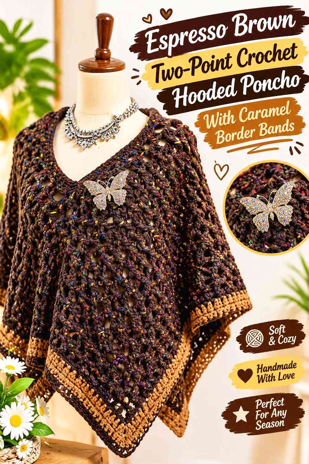 Espresso Brown Two-Point Crochet Hooded Poncho With Caramel Border Bands