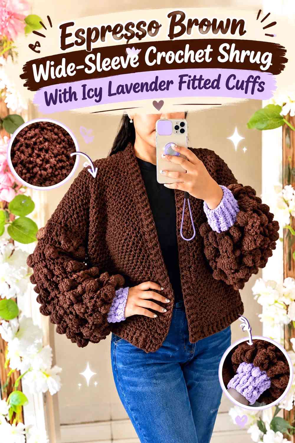 Espresso Brown Wide-Sleeve Crochet Shrug With Icy Lavender Fitted Cuffs