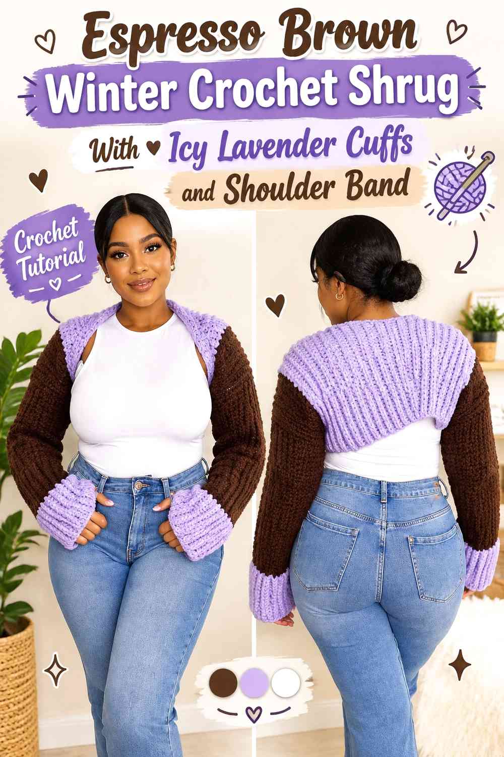 Espresso Brown Winter Crochet Shrug With Icy Lavender Cuffs and Shoulder Band