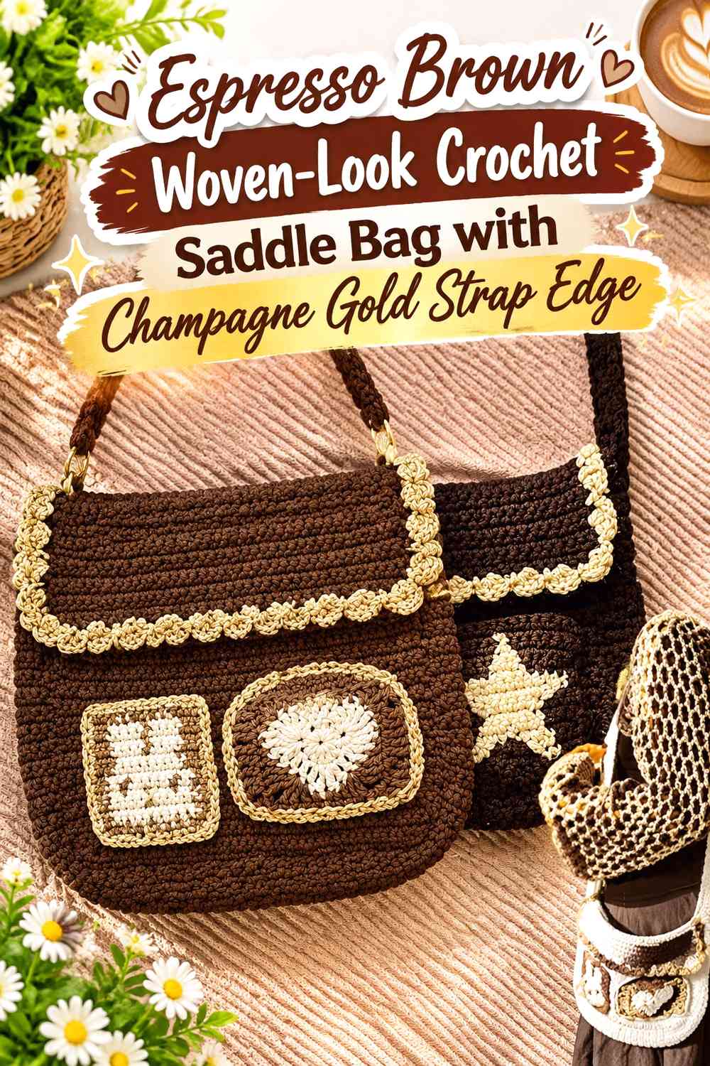 Espresso Brown Woven-Look Crochet Saddle Bag with Champagne Gold Strap Edge