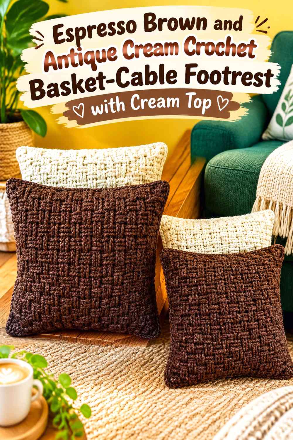 Espresso Brown and Antique Cream Crochet Basket-Cable Footrest with Cream Top