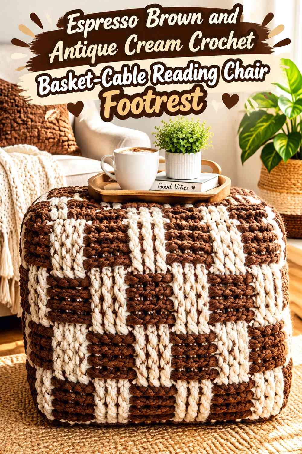 Espresso Brown and Antique Cream Crochet Basket-Cable Reading Chair Footrest