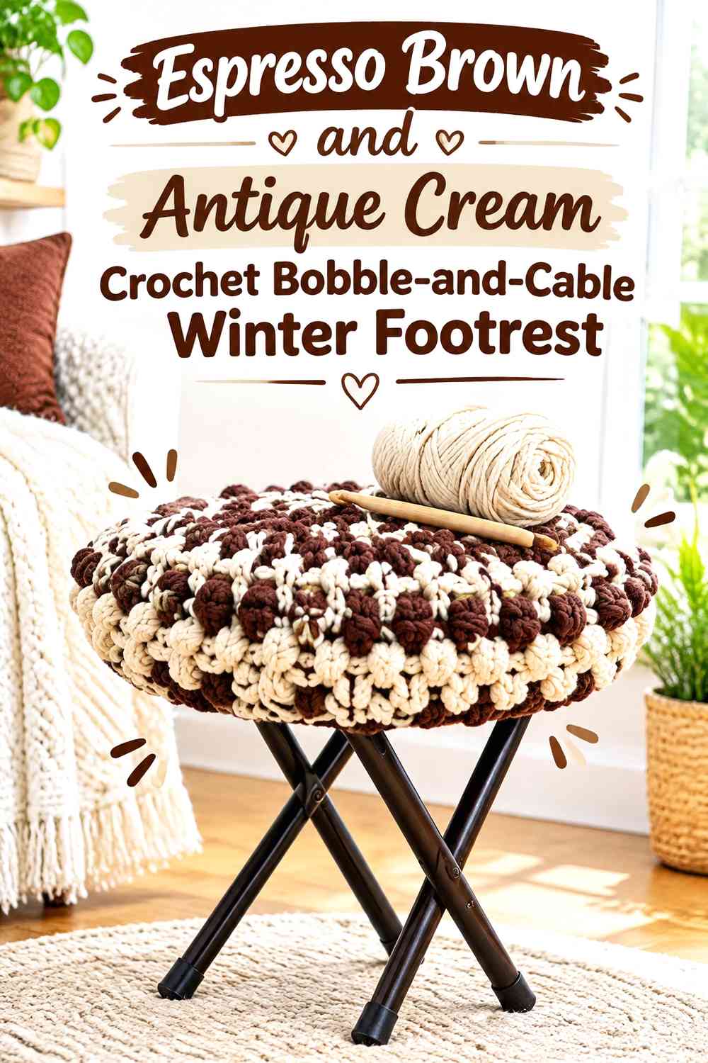 Espresso Brown and Antique Cream Crochet Bobble-and-Cable Winter Footrest
