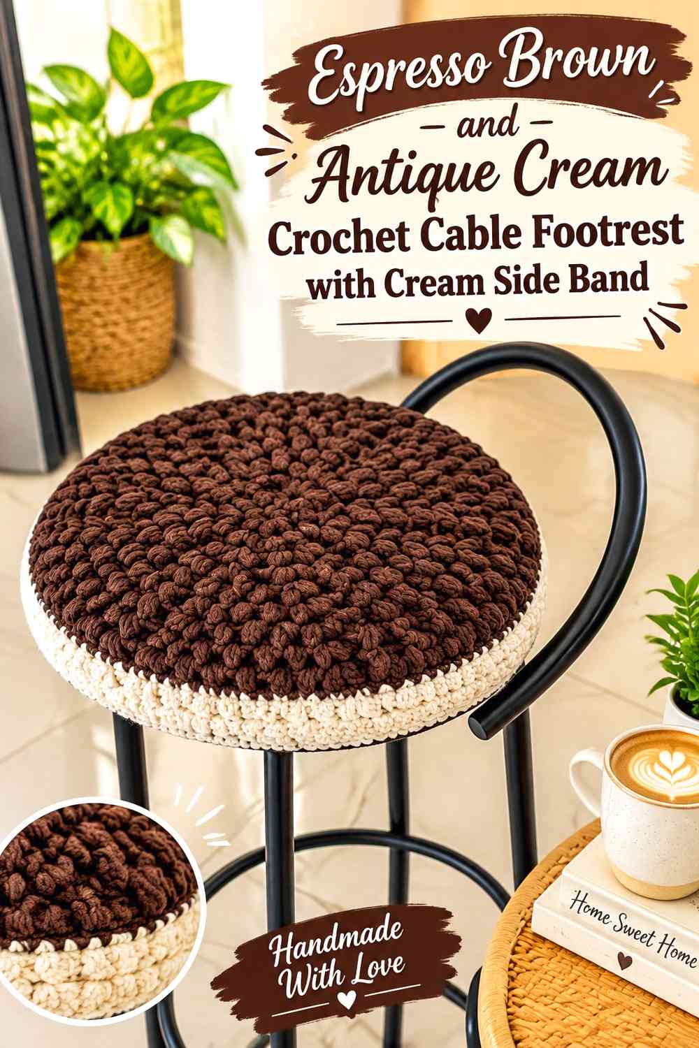Espresso Brown and Antique Cream Crochet Cable Footrest with Cream Side Band