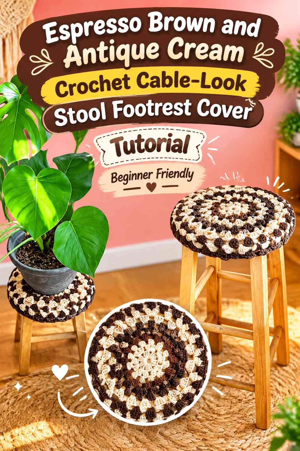 Espresso Brown and Antique Cream Crochet Cable-Look Stool Footrest Cover