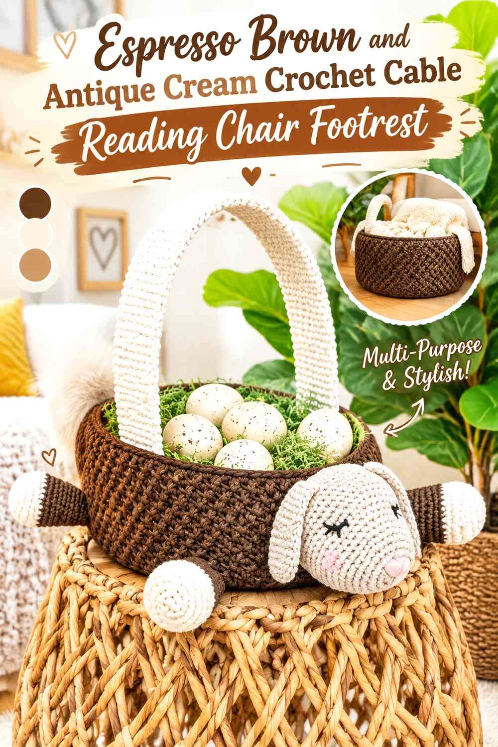 Espresso Brown and Antique Cream Crochet Cable Reading Chair Footrest