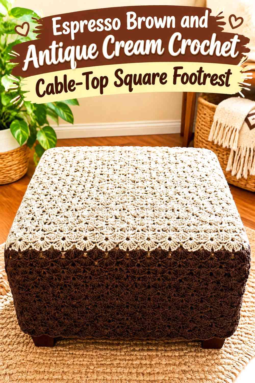 Espresso Brown and Antique Cream Crochet Cable-Top Square Footrest