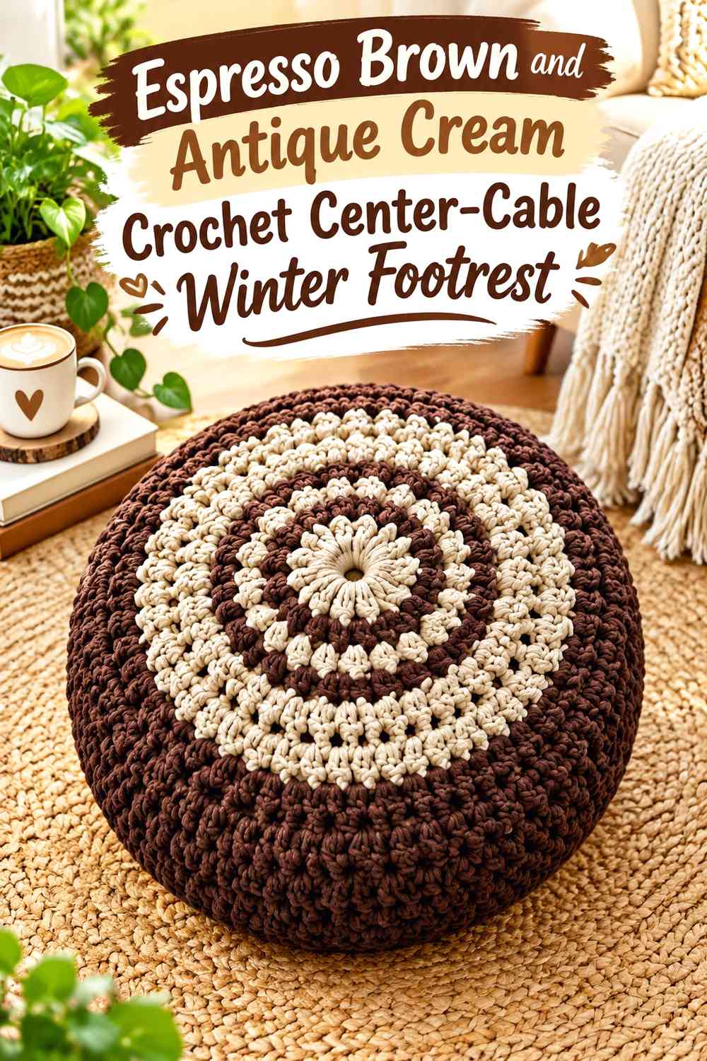Espresso Brown and Antique Cream Crochet Center-Cable Winter Footrest