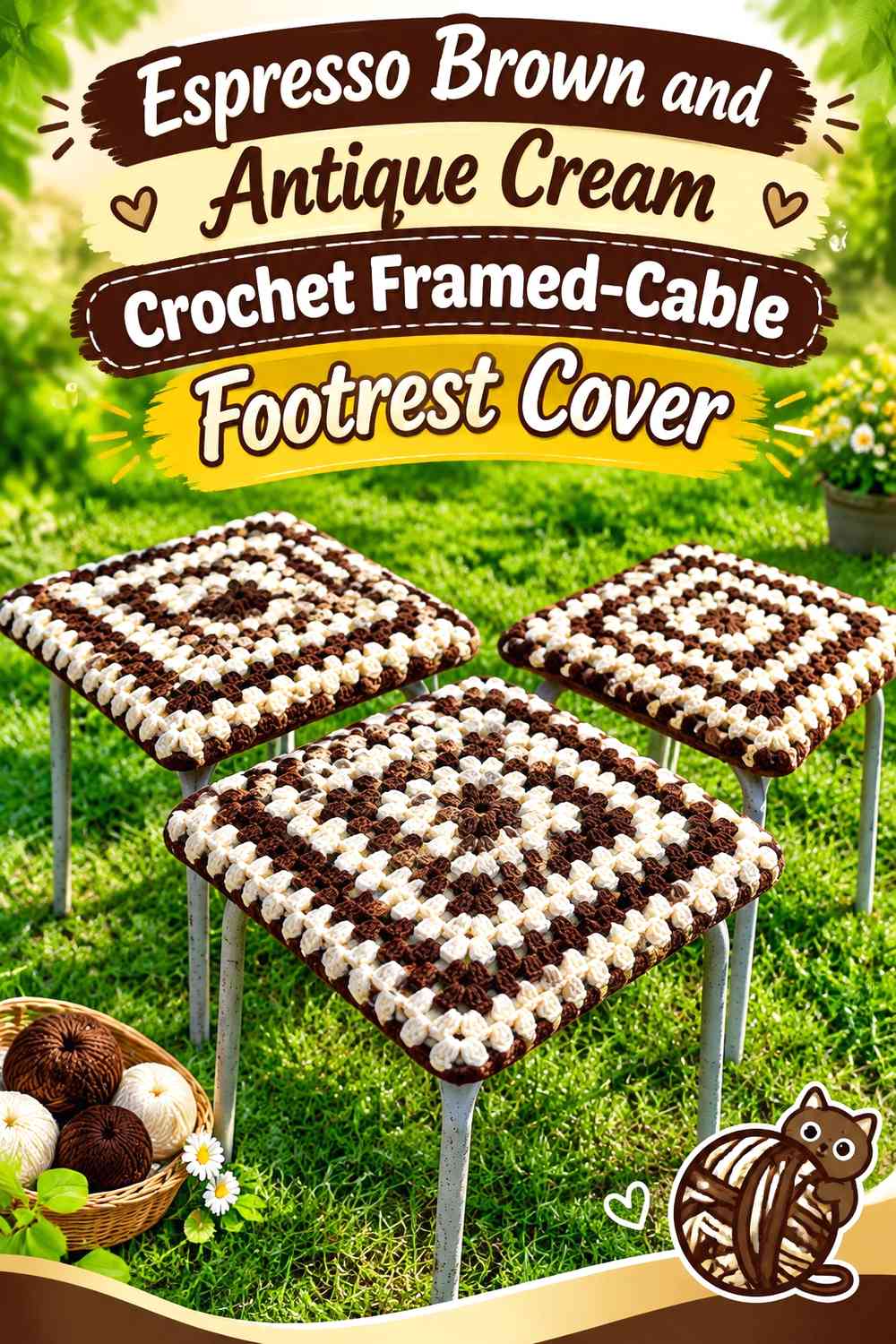 Espresso Brown and Antique Cream Crochet Framed-Cable Footrest Cover
