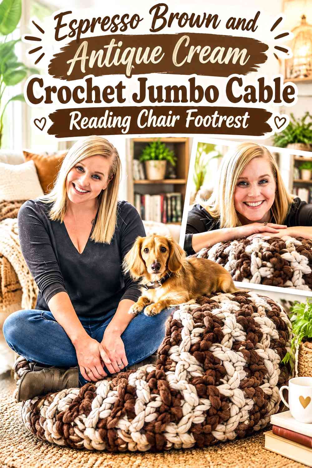 Espresso Brown and Antique Cream Crochet Jumbo Cable Reading Chair Footrest