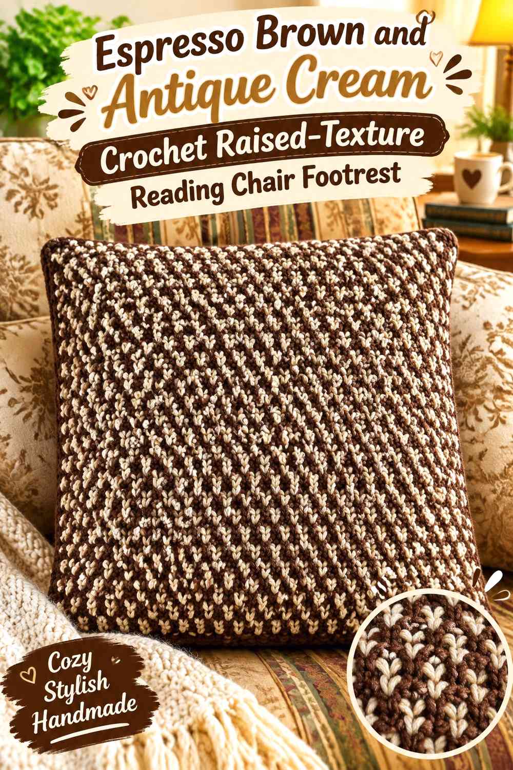 Espresso Brown and Antique Cream Crochet Raised-Texture Reading Chair Footrest