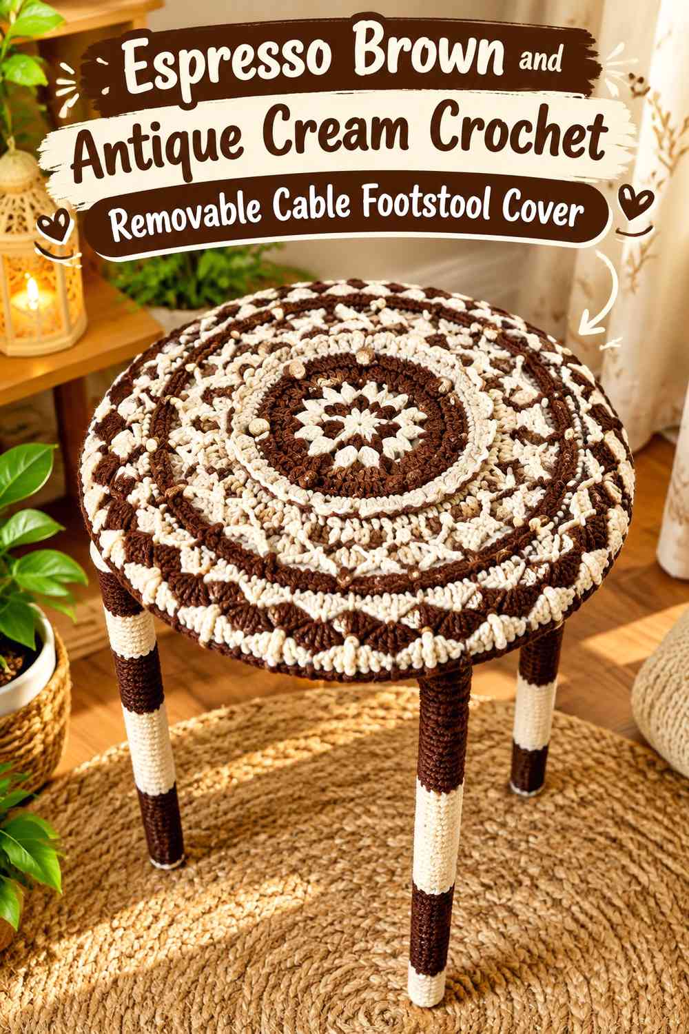 Espresso Brown and Antique Cream Crochet Removable Cable Footstool Cover