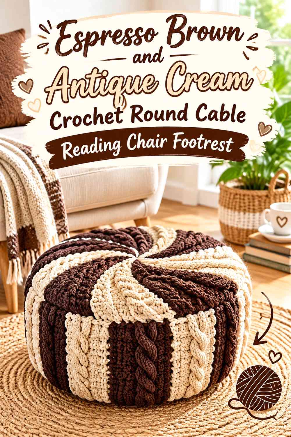 Espresso Brown and Antique Cream Crochet Round Cable Reading Chair Footrest