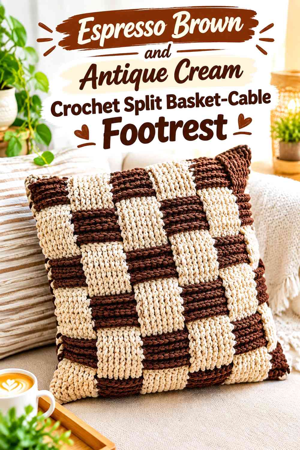 Espresso Brown and Antique Cream Crochet Split Basket-Cable Footrest