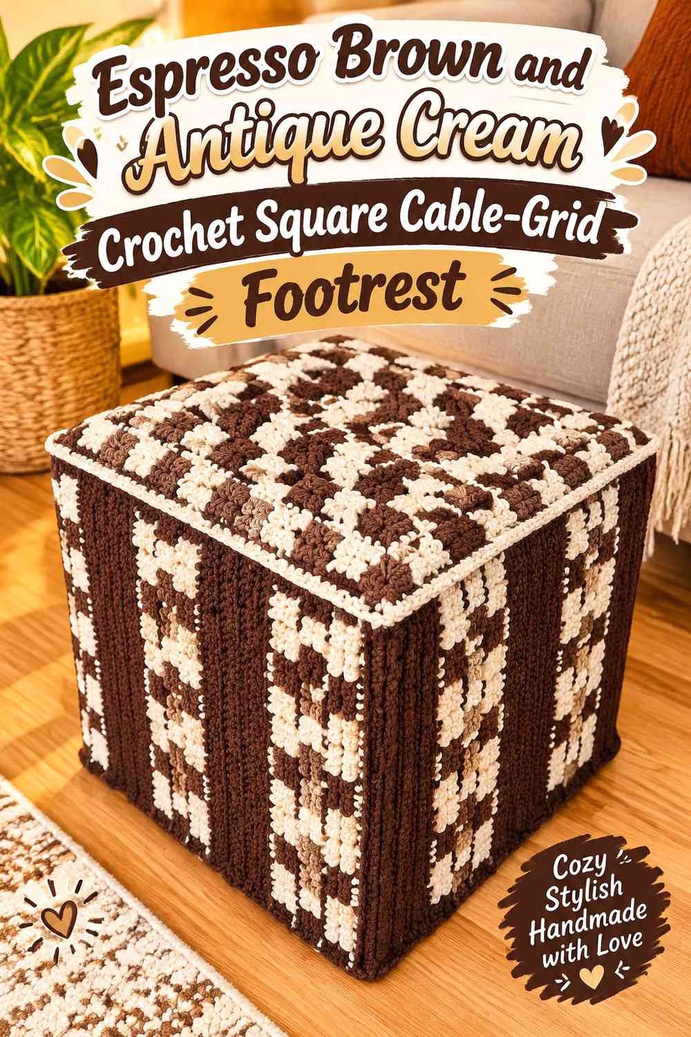 Espresso Brown and Antique Cream Crochet Square Cable-Grid Footrest