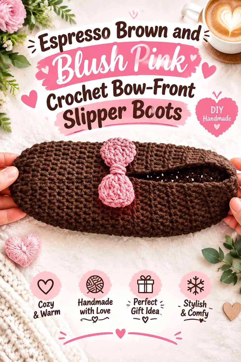 Espresso Brown and Blush Pink Crochet Bow-Front Slipper Boots