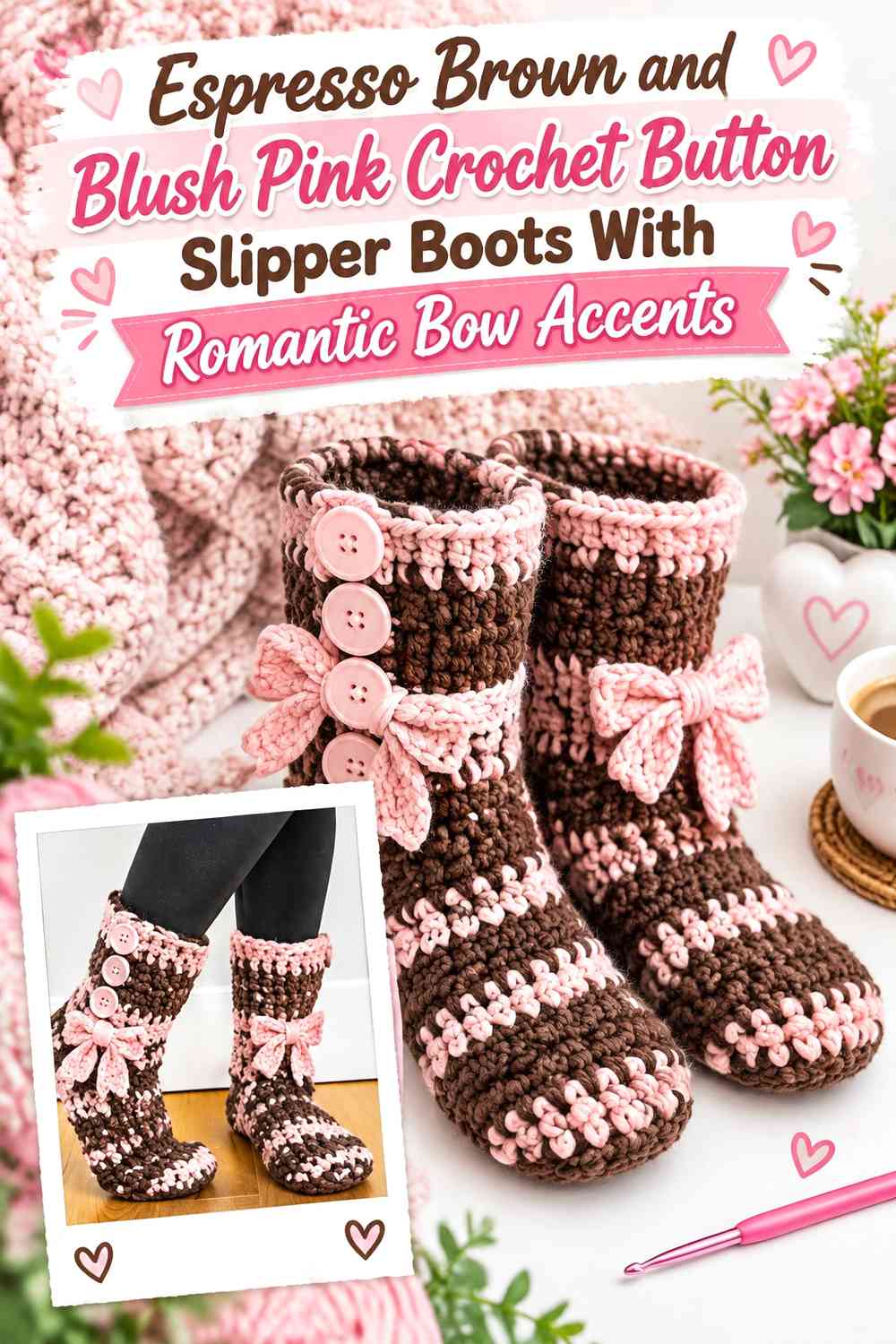 Espresso Brown and Blush Pink Crochet Button Slipper Boots With Romantic Bow Accents