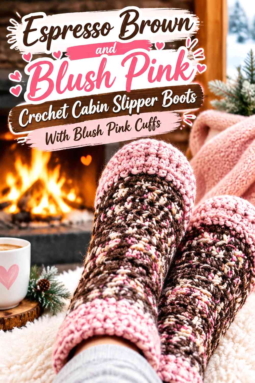 Espresso Brown and Blush Pink Crochet Cabin Slipper Boots With Blush Pink Cuffs