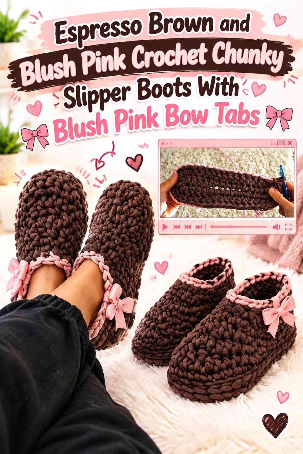 Espresso Brown and Blush Pink Crochet Chunky Slipper Boots With Blush Pink Bow Tabs