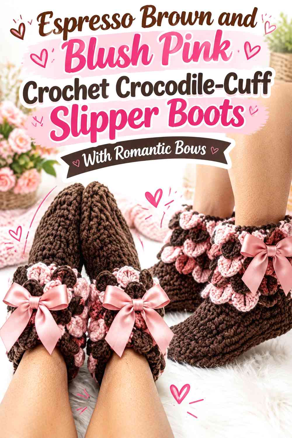 Espresso Brown and Blush Pink Crochet Crocodile-Cuff Slipper Boots With Romantic Bows