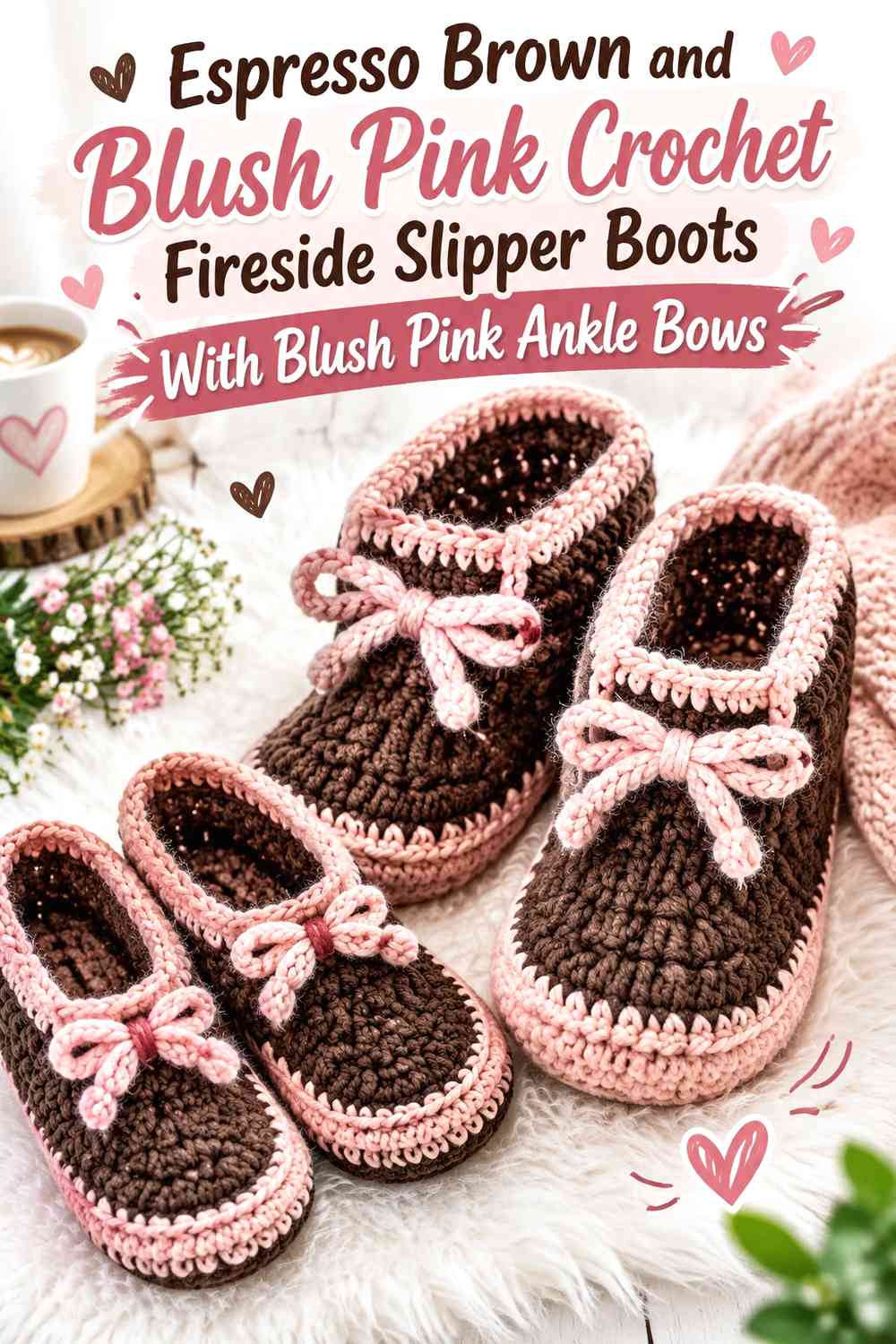 Espresso Brown and Blush Pink Crochet Fireside Slipper Boots With Blush Pink Ankle Bows