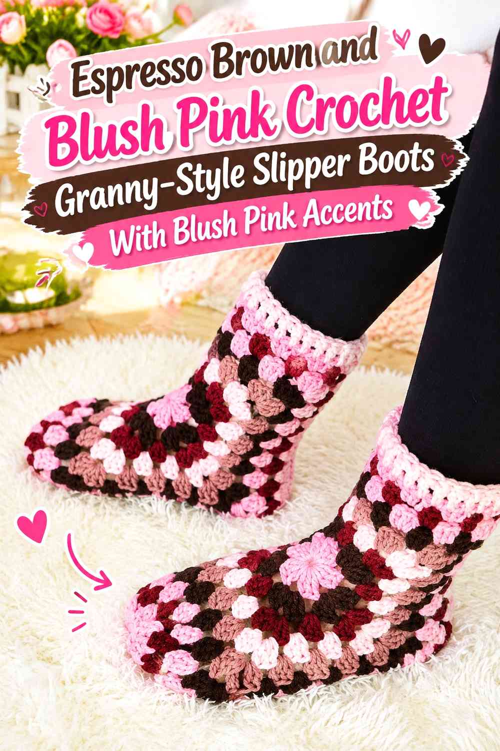 Espresso Brown and Blush Pink Crochet Granny-Style Slipper Boots With Blush Pink Accents