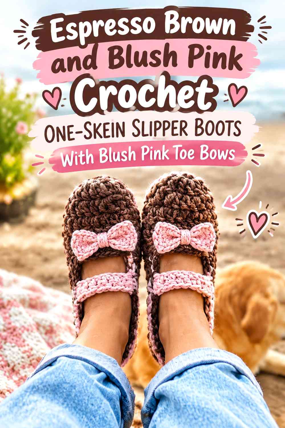 Espresso Brown and Blush Pink Crochet One-Skein Slipper Boots With Blush Pink Toe Bows