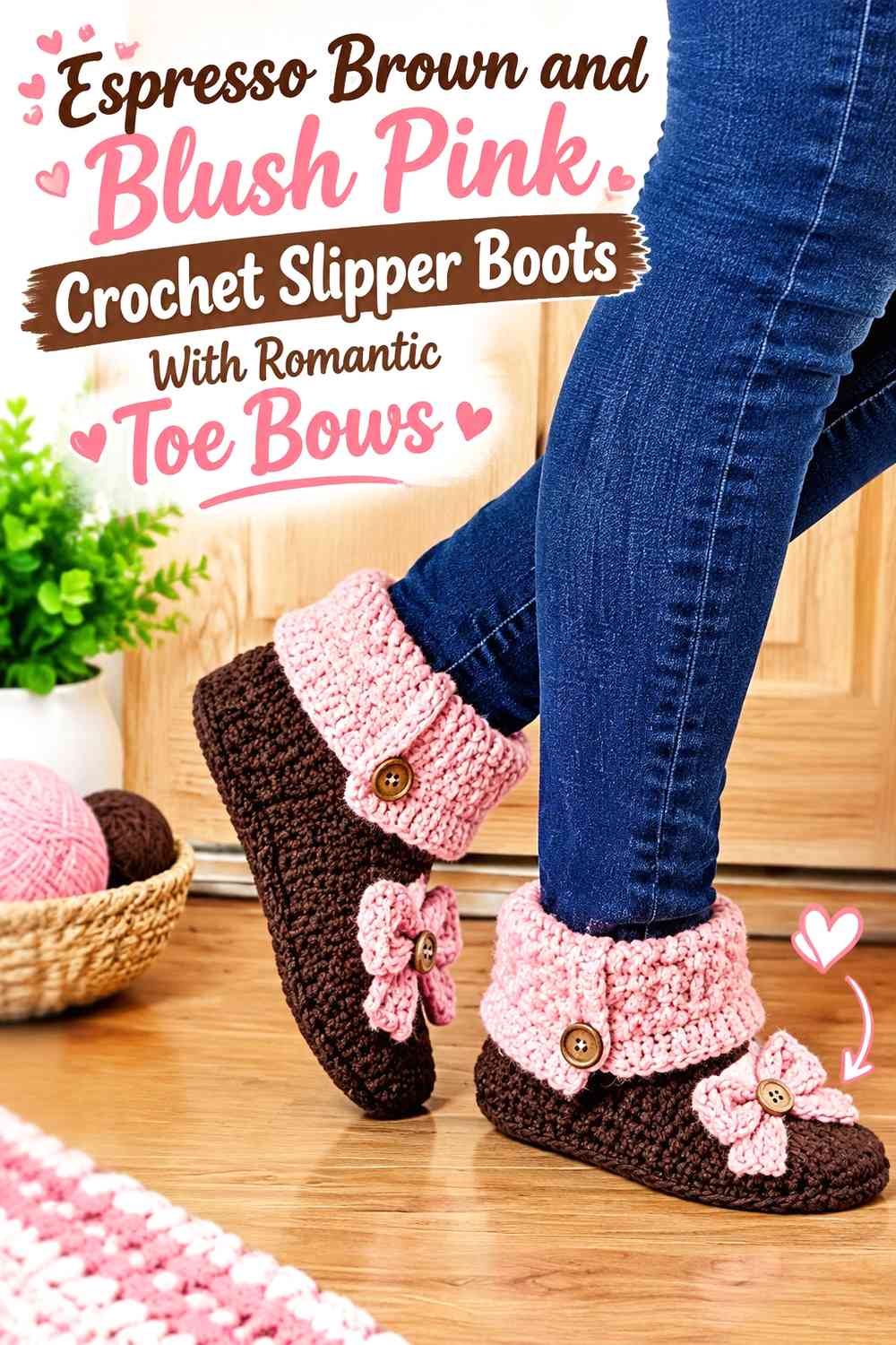 Espresso Brown and Blush Pink Crochet Slipper Boots With Romantic Toe Bows