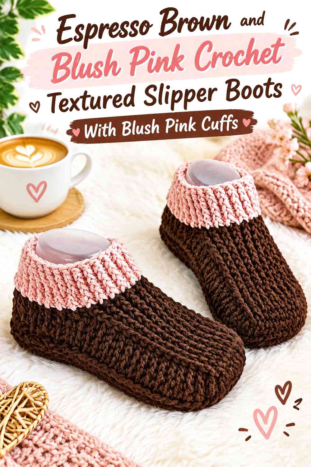 Espresso Brown and Blush Pink Crochet Textured Slipper Boots With Blush Pink Cuffs