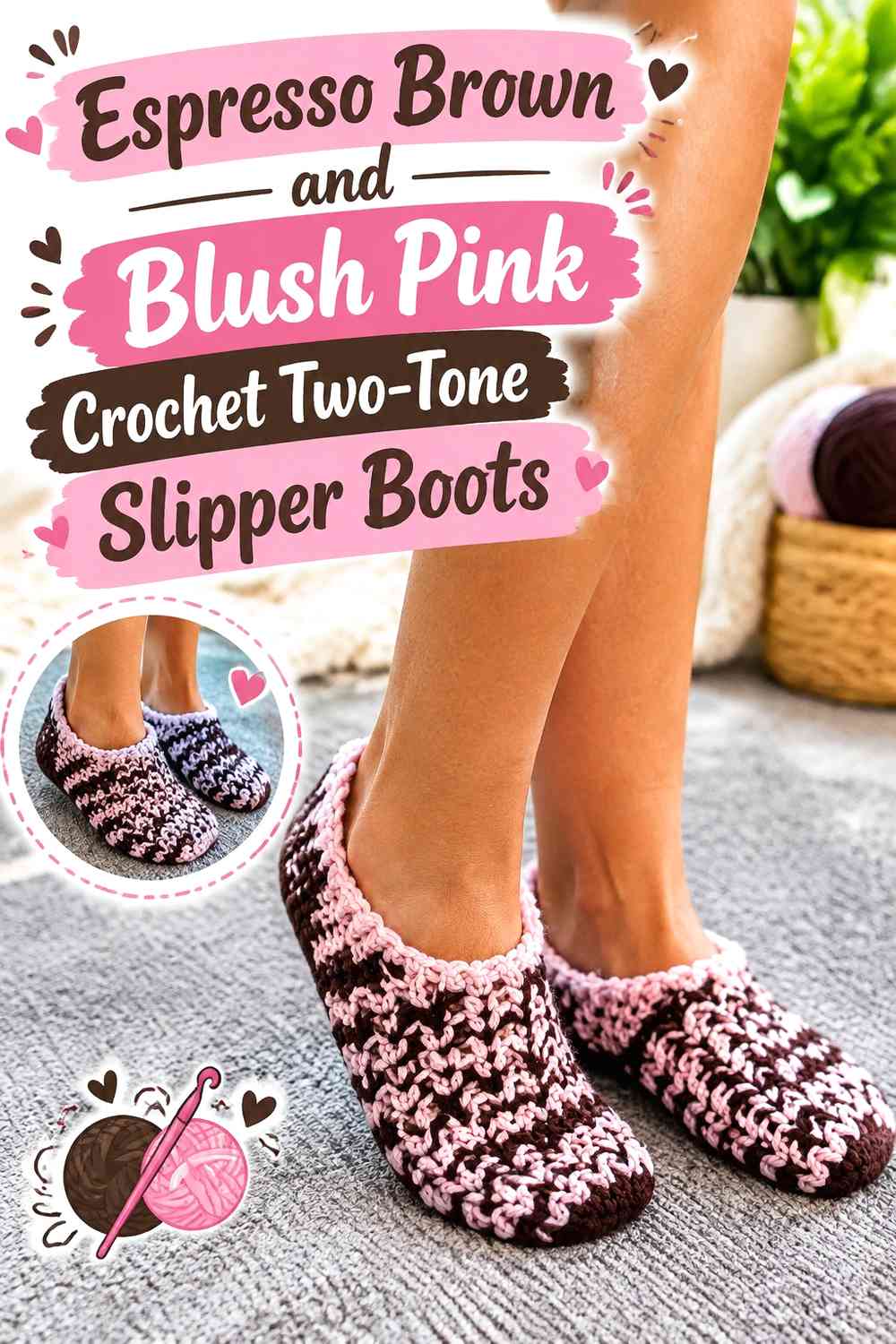 Espresso Brown and Blush Pink Crochet Two-Tone Slipper Boots