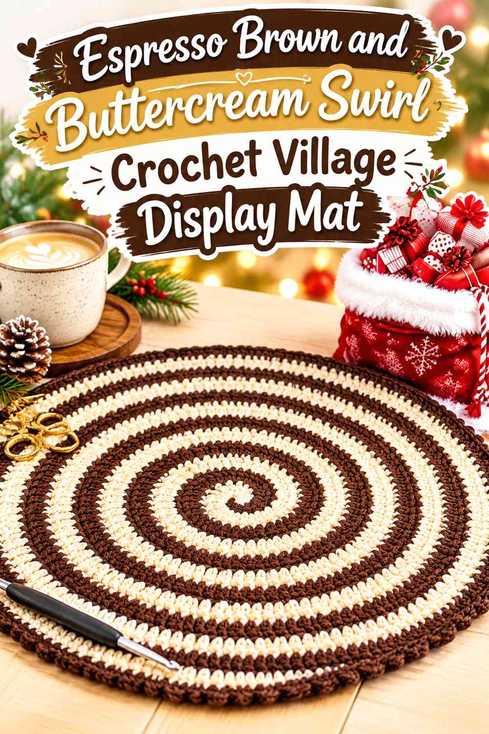Espresso Brown and Buttercream Swirl Crochet Village Display Mat