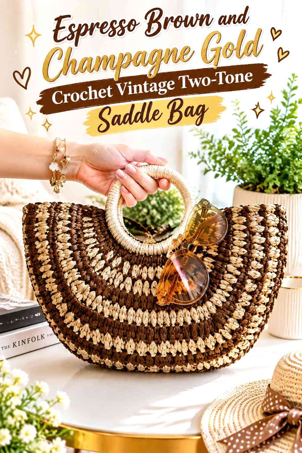Espresso Brown and Champagne Gold Crochet Vintage Two-Tone Saddle Bag
