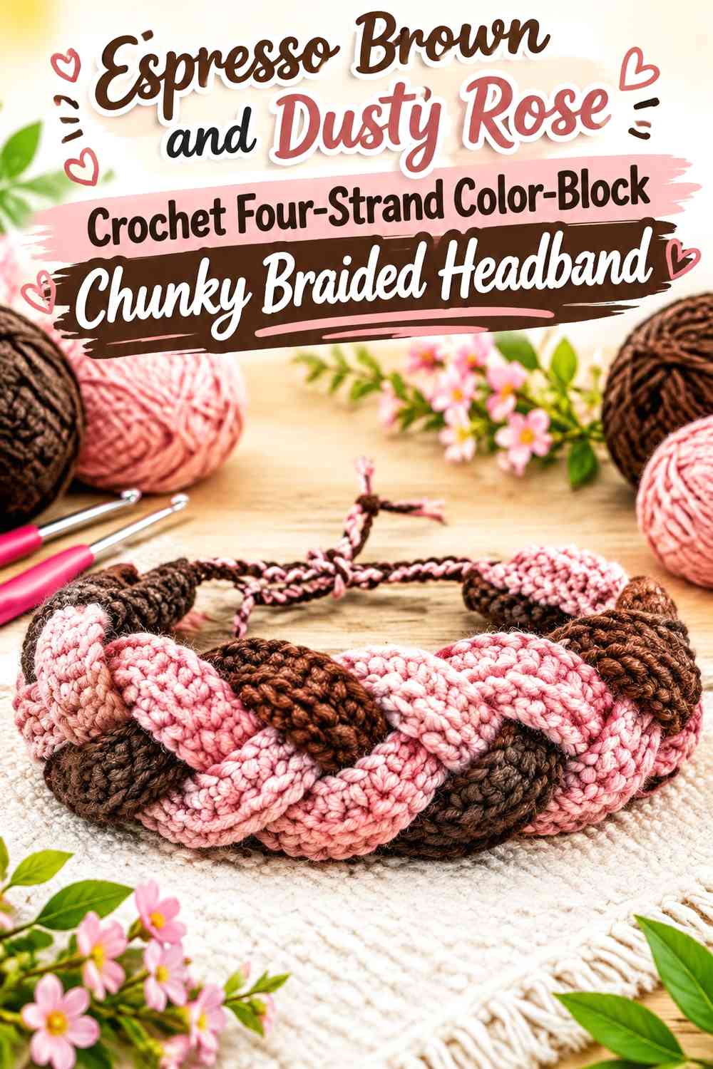 Espresso Brown and Dusty Rose Crochet Four-Strand Color-Block Chunky Braided Headband