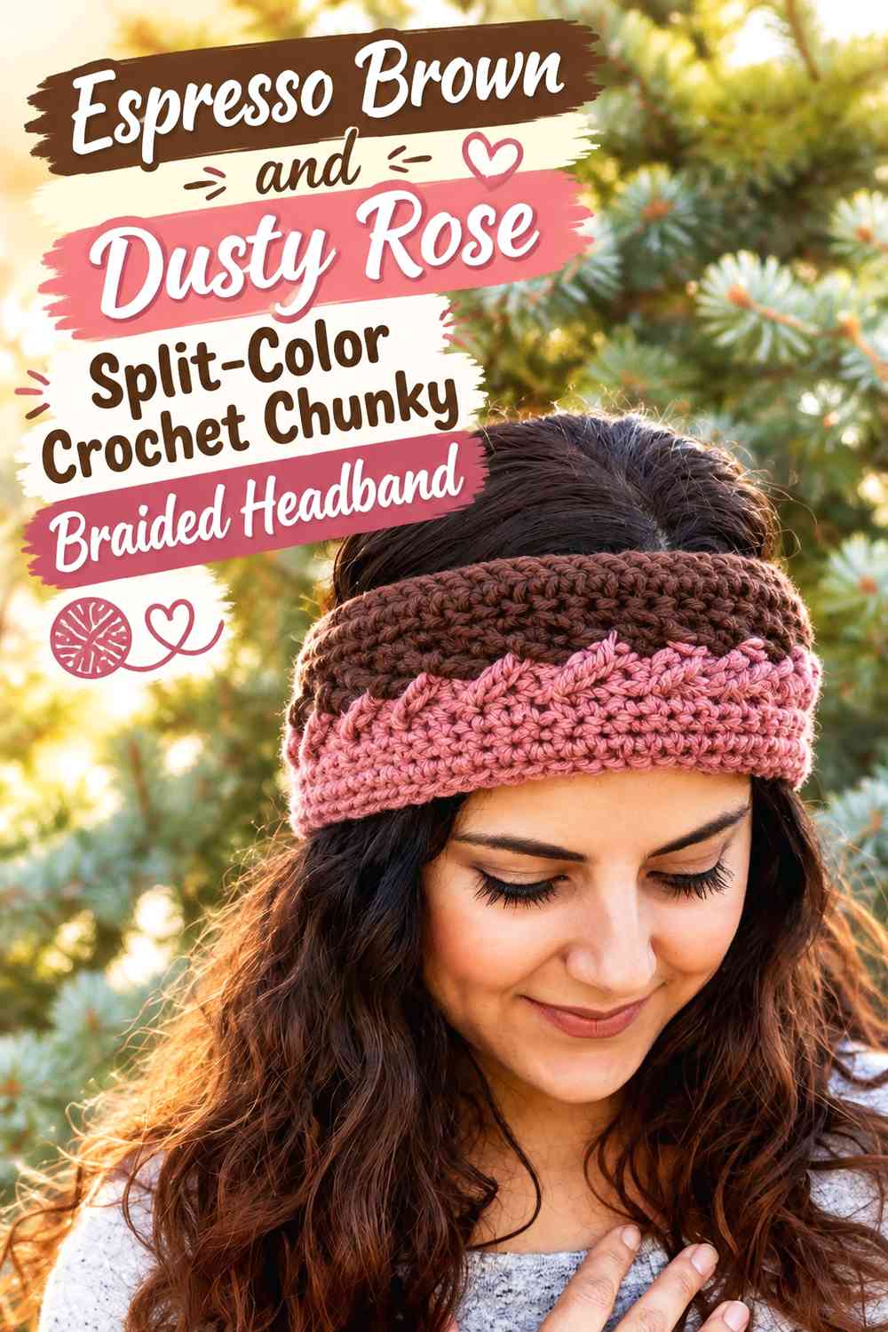 Espresso Brown and Dusty Rose Split-Color Crochet Chunky Braided Headband