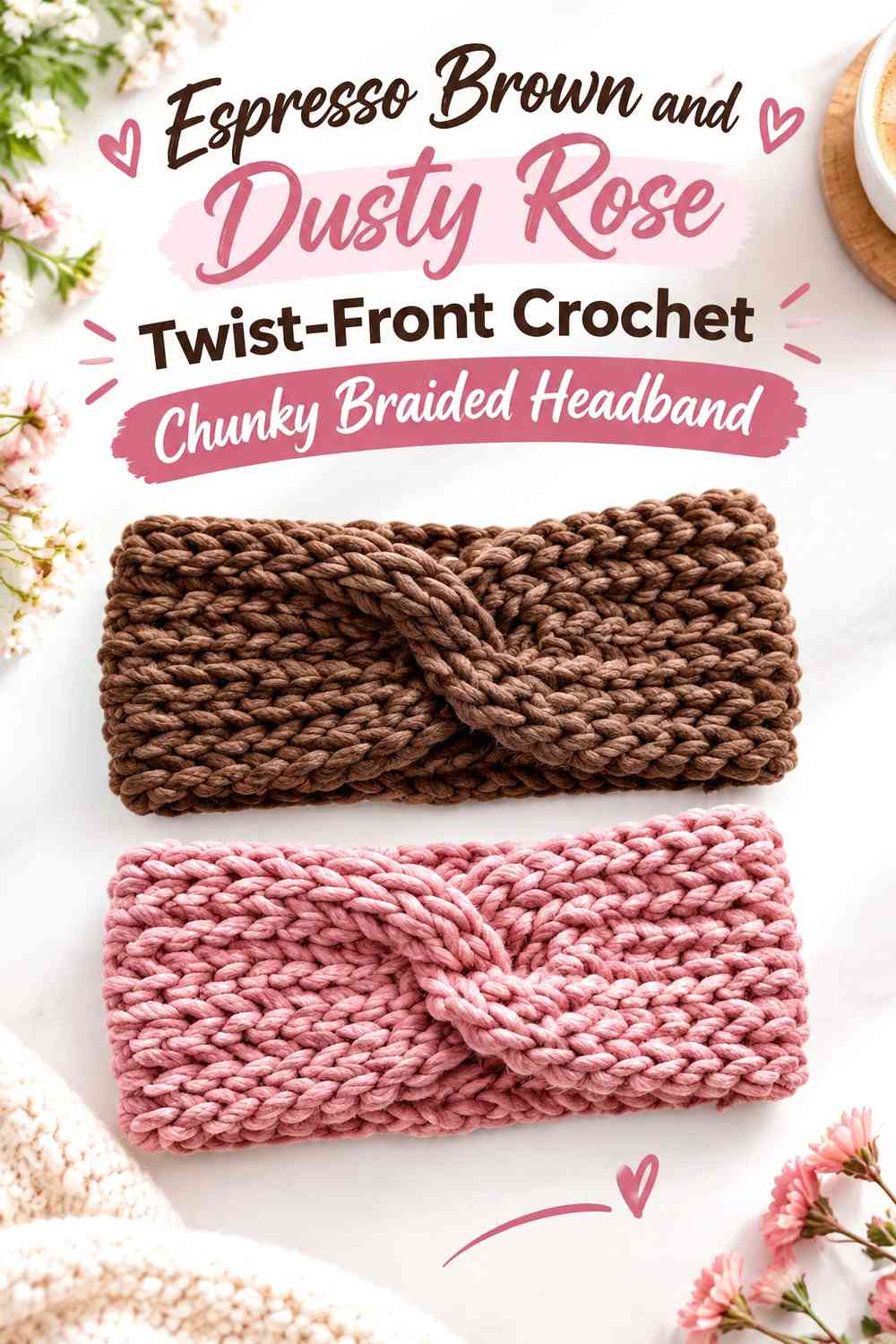 Espresso Brown and Dusty Rose Twist-Front Crochet Chunky Braided Headband